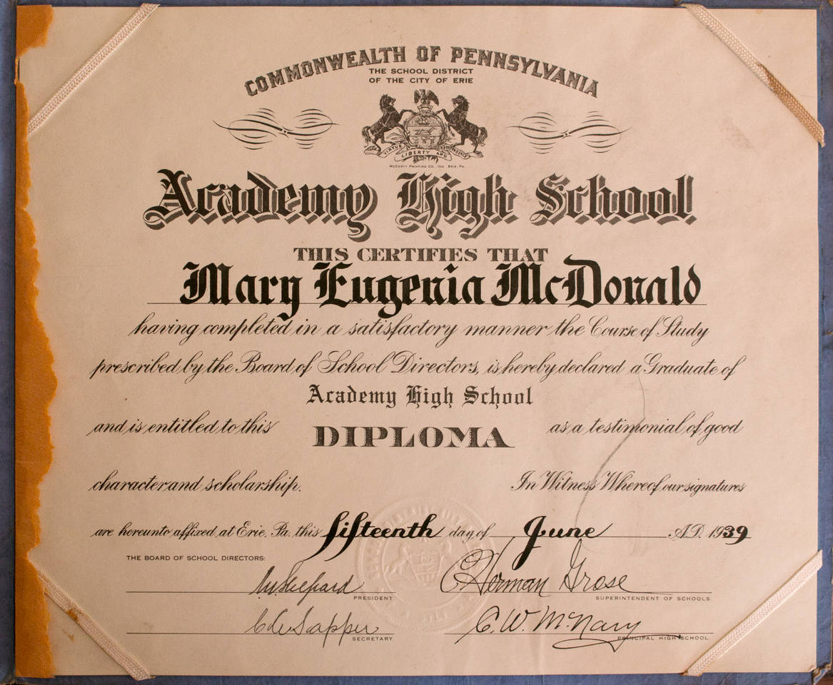 Michelle M. Murosky: The McDonald Collection &emdash; Mary Eugina McDonald High School Diploma